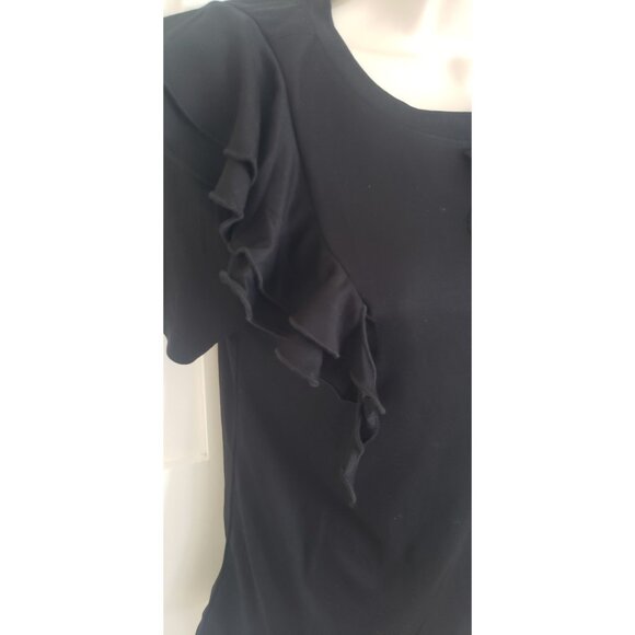 NWT BADGLEY MISCHKA BLACK BLOUSE FLOWER STONES DETAILS RUFFLE ACCENT TOP SMALL - Picture 4 of 9